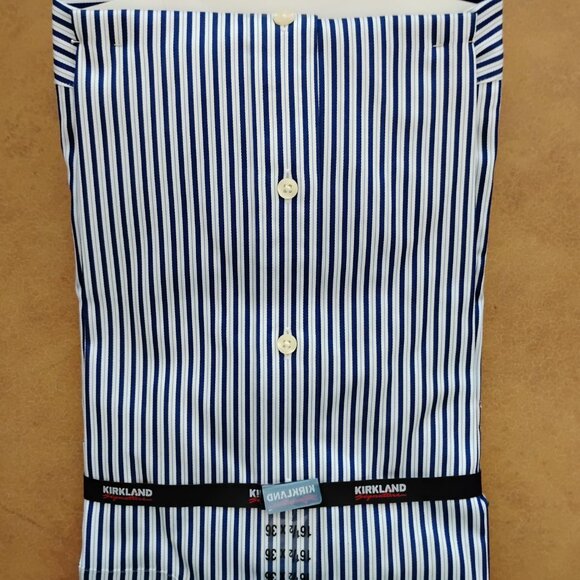 Men's Kirkland Long-Sleeve Non-Iron Blue Striped Dress Shirt, 16-1/2 36 - Picture 2 of 3